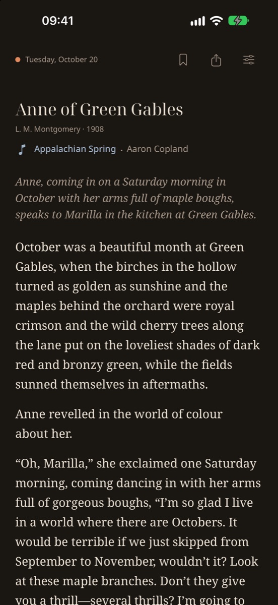 The same passage in Lamplight, the app's dark appearance.