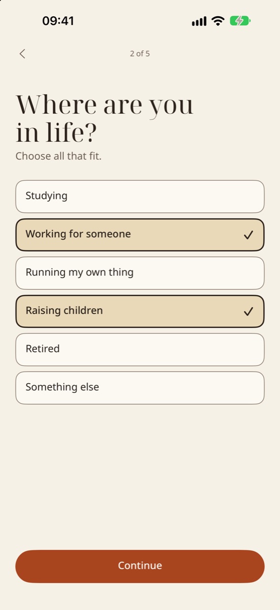 Passage asks where you are in life: studying, working for someone, running your own thing, raising children, retired.
